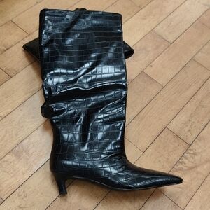 Black Croc-Embossed Pointed Knee Boot